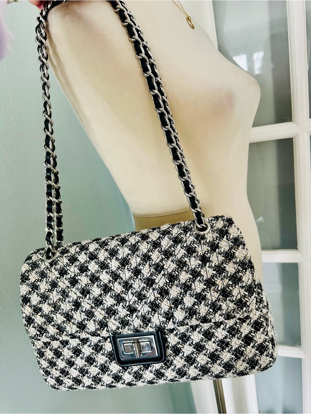 Karl Lagerfeld Black and White Tweed Shoulder Bag with Chain Strap